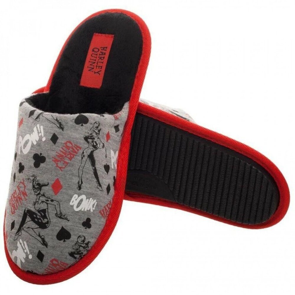 DC Comics Harley Quinn Red and Gray Slippers, Size M (7-8) - Picture 2 of 5